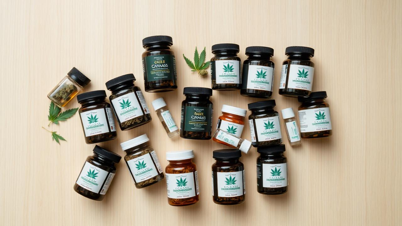 Verschiedene medizinische Cannabisblüten in Apothekenverpackung